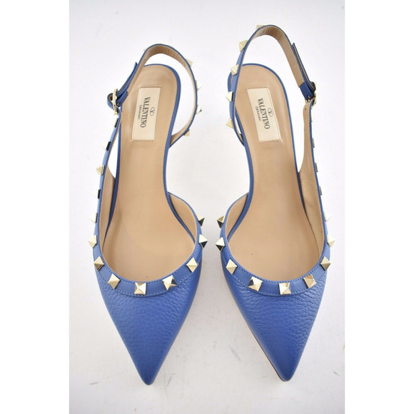 Valentino Rockstud 50 Blue Gold Stud Slingback Strap Sandal Kitten Heel Pump 38 - Picture 7 of 11
